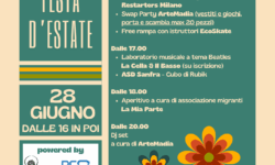 Locandina dell’evento "Festa d’Estate" del 28 giugno 2025 al Giardino della Madia di Milano, con attività, laboratori e dj set. Ore 16. Ingresso libero.